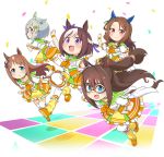  5girls animal_ears blue_eyes bow brown_hair ear_covers ear_ribbon el_condor_pasa eye_mask frilled_skirt frills grass_wonder green_bow grey_hair hair_ornament hairclip half_updo horse_ears horse_girl horse_tail jewelry king_halo long_hair looking_at_viewer mask miniskirt multicolored_hair multiple_girls neckerchief necklace official_art puffy_short_sleeves puffy_sleeves purple_bow red_eyes sailor_collar seiun_sky short_hair short_sleeves skirt special_week tail thigh-highs tied_hair transparent_background two-tone_hair umamusume violet_eyes white_hair wristband 