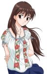  1girl arm_grab arms_behind_back artist_request blue_skirt brown_hair earrings floral_print highres jewelry long_hair looking_at_viewer necklace official_art red_eyes ribbon-trimmed_shirt roommate short_sleeves simple_background skirt solo stud_earrings white_background 
