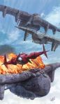  aerial_battle aircraft airplane asbel_(nausicaa) battle clouds dogfight fire flying gyan_(akenosuisei) highres kaze_no_tani_no_nausicaa military signature sky studio_ghibli war 