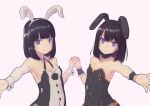  2girls animal_ears armpit_crease bare_shoulders black_hair bunnysuit closed_mouth flat_chest highres himenogi_rinze himeragi_rinze holding_hands looking_at_viewer love_r medium_hair multiple_girls outstretched_arms rabbit_ears reco_love reco_love_gold_beach saisho_no_nakama simple_background smile upper_body 