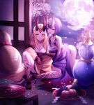  2girls absurdres alcohol ass bangs bare_shoulders blonde_hair blush bob_cut breasts cherry_blossoms collarbone cup eyeliner facial_mark fate/grand_order fate_(series) food forehead forehead_mark fruit fruit_bowl full_moon gourd grapes hair_pulled_back headpiece highres horns huge_filesize ibaraki_douji_(fate/grand_order) japanese_clothes kimono knee_up kneeling large_breasts leaning_forward legs long_hair long_sleeves looking_at_viewer makeup moon multiple_girls night night_sky oni oni_horns open_clothes open_kimono open_mouth peach petals purple_hair purple_kimono revealing_clothes sakazuki sake short_eyebrows short_hair shuten_douji_(fate/grand_order) sitting skin-covered_horns sky smile tattoo violet_eyes wide_sleeves yellow_eyes yellow_kimono yeomin_s7 