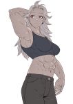  1girl abs absurdres dorohedoro earrings highres jewelry kantoqyoiko long_hair muscle muscular_female noi_(dorohedoro) red_eyes simple_background solo sports_bra 