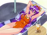  1990s_(style) 1girl armpits arms_behind_head arms_up artist_request beach_chair beach_umbrella breasts dancing_blade day drink drinking_straw glass ice large_breasts long_hair looking_at_viewer lying momohime_(dancing_blade) official_art on_back one-piece_swimsuit orange_swimsuit outdoors purple_hair smile solo swimsuit table umbrella violet_eyes 