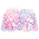  2girls blue_neckwear cherry_blossoms chibi closed_eyes commentary detached_sleeves flower_in_mouth fuyuzuki_gato hair_leaf hair_ornament hand_on_own_cheek hand_up hatsune_miku knees_up leaf light_blue_hair long_hair mouth_hold multiple_girls necktie pink_hair pink_legwear pink_neckwear pink_sleeves sakura_miku shirt side-by-side sitting sleeves_past_fingers sleeves_past_wrists snowflake_ornament thigh-highs twintails very_long_hair vocaloid white_background white_legwear white_shirt white_sleeves yuki_miku yuki_miku_(2011) 