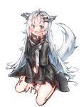  1girl ahoge animal_ears arknights bare_legs between_legs black_coat black_shorts blush breasts brown_eyes coat commentary eyebrows_visible_through_hair fang full_body greypidjun hair_ornament hairclip hand_between_legs lappland_(arknights) long_hair long_sleeves looking_at_viewer midriff open_mouth short_shorts shorts silver_hair simple_background sitting small_breasts smile solo tail thighs wariza white_background wolf_ears wolf_tail 