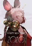  1girl 2020 animal_ears bangs bell braid burari chinese_zodiac grey_background happy_new_year highres holding holding_mallet mouse_ears multicolored_hair new_year original ponytail red_eyes redhead solo star upper_body white_hair year_of_the_rat 