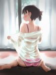  1girl ass back blush bra brown_eyes from_behind highres indoors looking_to_the_side original panties pink_bra pink_panties ponytail see-through shirt solo tama_(seiga46239239) underwear undressing water wet wet_clothes wet_shirt white_shirt 