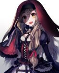  1girl 723_(tobi) blonde_hair blush choker corset dress frilled_dress frilled_sleeves frills gothic hair_ribbon happy headdress hoop_skirt juliet_sleeves little_red_riding_hood_(sinoalice) long_hair long_sleeves looking_at_viewer multicolored multicolored_clothes multicolored_dress open_mouth orange_eyes puffy_sleeves red_ribbon ribbon sidelocks simple_background sinoalice sleeves_past_fingers sleeves_past_wrists solo standing upper_teeth veil wavy_hair white_background 