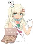  1girl blonde_hair blush dress food grecale_(kantai_collection) green_eyes hair_ornament hair_ribbon highres kantai_collection long_hair looking_at_viewer mask mouth_mask open_mouth pizza ribbon rukialice sailor_dress sleeveless sleeveless_dress smile tan toilet_paper white_dress 