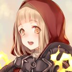  1girl bangs beige_background blonde_hair blunt_bangs blush fire hood hood_up little_red_riding_hood_(sinoalice) looking_at_viewer open_mouth red_hood simple_background sinoalice solo teroru turtleneck upper_body upper_teeth yellow_eyes 