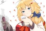  1girl ? akai_haato apron bangs blonde_hair blue_eyes blush bow closed_mouth cooking hair_bow hair_ornament heart heart_hair_ornament holding_ladle hololive ladle long_hair nejime simple_background sketch smoke solo upper_body very_long_hair virtual_youtuber white_background 