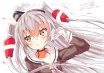  1girl amatsukaze_(kantai_collection) blush brown_dress brown_eyes dress gloves hair_ornament hair_tubes hairband highres hizaka kantai_collection long_hair looking_at_viewer sailor_dress silver_hair simple_background smile solo thigh-highs twitter_username two_side_up white_background white_gloves windsock 