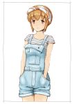  1girl blush brown_eyes brown_hair dress freckles hands_in_pockets pinafore_dress short_hair smile solo tanaka_mako watashi_ga_motenai_no_wa_dou_kangaetemo_omaera_ga_warui! 