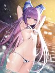  1girl absurdres animal_ears armpits arms_behind_head arms_up azur_lane bangs bare_shoulders bikini blue_bow blue_eyes blurry blush bow bow_bikini breasts closed_mouth commentary_request cowboy_shot day eyebrows_visible_through_hair fake_animal_ears front-tie_bikini front-tie_top gradient_hair groin hair_between_eyes highres legs_together long_hair micro_bikini midriff monini multicolored_hair navel outdoors partially_submerged pink_hair purple_hair ripples shiny shiny_skin sidelocks skindentation small_breasts snowing solo standing stomach string_bikini swimsuit tashkent_(azur_lane) thighs under_boob very_long_hair wading water white_bikini winter 