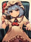  1girl absurdres blue_hair brooch chair coffee coffee_mug crossed_legs cup eyebrows_visible_through_hair hair_between_eyes hat hat_ribbon highres jewelry kurowa_(curowa) looking_at_viewer mob_cap mug pink_headwear red_eyes red_neckwear remilia_scarlet ribbon sitting solo touhou twitching 