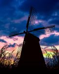  backlighting building clouds cloudy_sky commentary_request gradient_sky highres hoshiumisora no_humans original outdoors plant rural scenery silhouette sky still_life sunlight twilight windmill 