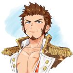  1boy beard blue_eyes blush brown_hair chest epaulettes facial_hair fate/grand_order fate_(series) long_sleeves looking_at_viewer male_focus military military_uniform muscle napoleon_bonaparte_(fate/grand_order) pectorals scar shitappa simple_background smile solo uniform upper_body 