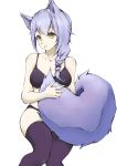  1girl animal_ears arknights bangs bare_arms bare_shoulders bra braid breasts collarbone commentary feet_out_of_frame highres long_hair looking_at_viewer medium_breasts panties parted_lips provence_(arknights) purple_bra purple_hair purple_legwear purple_panties senmiao simple_background single_braid sitting solo tail thigh-highs thighs underwear white_background wolf_ears wolf_tail yellow_eyes 