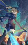  1girl absurdres ahoge artoria_pendragon_(all) black_legwear black_shorts blonde_hair blue_jacket commentary fate/grand_order fate_(series) from_below green_eyes hair_between_eyes highres holding holding_sword holding_weapon jacket kotatsu_kaya long_hair looking_at_viewer mysterious_heroine_x ribbon shorts solo sword thigh-highs weapon 