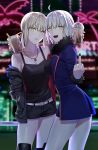  2girls ahoge artoria_pendragon_(all) blonde_hair blurry blurry_background boots breasts bubble_tea cup disposable_cup fate/grand_order fate_(series) fur-trimmed_jacket fur-trimmed_sleeves fur_trim grey_hair hand_in_pocket highres jacket jeanne_d&#039;arc_(alter)_(fate) jeanne_d&#039;arc_(fate)_(all) jewelry knee_boots looking_at_viewer medium_breasts middle_finger multiple_girls necklace nipi27 pale_skin parted_lips ponytail saber_alter short_hair shorts small_breasts smile tank_top yellow_eyes 