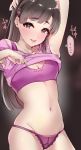  1girl armpits black_hair blush bra eyebrows_visible_through_hair hair_ornament hairclip hand_behind_head highres idolmaster idolmaster_cinderella_girls kobayakawa_sae lace lace-trimmed_panties long_hair looking_at_viewer midriff murabito_c navel no_pants panties shirt_lift sports_bra underwear 