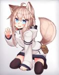  1girl :d animal_ears black_legwear blue_eyes claw_pose dog_ears dog_tail fang full_body highres hood hood_down hoodie kneeling light_brown_hair long_sleeves no_pants open_mouth original reitou_mikan short_hair_with_long_locks sleeves_past_wrists smile tail thigh-highs zettai_ryouiki 