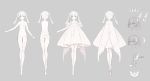  1girl absurdres ankle_wings bare_shoulders character_sheet closed_mouth collarbone commentary dot_nose dress fake_wings fingernails grey_background grey_eyes hatsune_miku highres long_eyelashes long_fingernails long_hair navel simple_background thigh-highs twintails vocaloid white_dress white_footwear white_hair white_legwear wings yoggi_(stretchmen) 