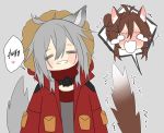  =_= ahoge animal_ear_fluff animal_ears arknights blank_eyes blush blush_stickers braid brown_hair cat_ears cat_tail chibi closed_eyes coat crown_braid deathalice doctor_(arknights) english_text female_doctor_(arknights) fur-trimmed_hood gas_mask grey_background grey_hair hair_between_eyes happy hooded_coat long_hair looking_at_viewer mask_around_neck projekt_red_(arknights) red_coat shouting simple_background speech_bubble spoken_expression tail tail_raised tears trembling upper_body wolf_ears wolf_tail yuri 