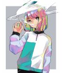  1girl bangs black_eyes blue_nails border cigarette cowboy_shot grey_background hand_up highres jewelry leaf long_sleeves looking_at_viewer medium_hair multicolored_hair original outside_border pink_hair rainbow_hair richard_(ri39p) ring smoke smoking solo white_border 