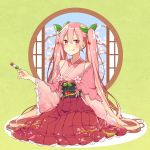  1girl :p asagao_minoru cherry_blossoms cherry_hair_ornament commentary dango dress food food_themed_hair_ornament frilled_skirt frills green_background hair_ornament hatsune_miku holding holding_food japanese_clothes looking_at_viewer nail_polish open_window outstretched_arm pink_dress pink_eyes pink_hair pink_nails pink_skirt pink_sleeves pleated_skirt round_window sakura_miku signature sitting skirt smile solo tongue tongue_out tree vocaloid wagashi window 
