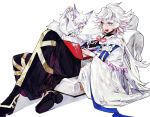  1boy :d ;d black_footwear boots fate/grand_order fate_(series) fou_(fate/grand_order) hair_between_eyes hair_ornament leaning_back long_sleeves merlin_(fate) mo_(mocopo) one_eye_closed open_mouth pants puffy_pants reclining red_ribbon ribbon simple_background sitting smile solo violet_eyes white_background white_hair wide_sleeves 