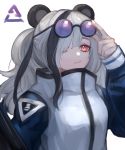  1girl :3 animal_ears arknights bangs bear_ears black_sleeves commentary eyewear_on_head feater_(arknights) hair_over_one_eye haqlue highres jacket long_sleeves looking_at_viewer multicolored_hair puffy_long_sleeves puffy_sleeves purple-tinted_eyewear red_eyes round_eyewear simple_background sleeve_cuffs smug solo streaked_hair sunglasses twintails upper_body white_background white_hair white_jacket 