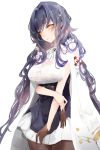  1girl absurdres azuma_(azur_lane) azur_lane bangs black_gloves black_hair black_legwear blush breasts eyebrows_visible_through_hair flower gloves hair_between_eyes hair_flower hair_ornament hairclip highres jacket_on_shoulders large_breasts lielac long_hair looking_at_viewer solo very_long_hair 