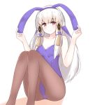  1girl animal_ears blue_leotard bunnysuit chirun0 closed_mouth fake_animal_ears feet_out_of_frame fire_emblem fire_emblem:_three_houses hair_ornament knees_up leotard long_hair looking_at_viewer lysithea_von_ordelia pantyhose pink_eyes sidelocks simple_background sitting smile solo white_background white_hair 