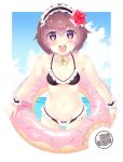  1girl alternate_costume bikini black_bikini blue_sky brown_eyes brown_hair clouds commentary_request cowboy_shot doughnut_innertube frilled_bikini frills highres horizon innertube kantai_collection looking_at_viewer maid_bikini ocean open_mouth round_teeth short_hair sky smile solo swimsuit teeth tsukimochikuriko_(tsukimochi_k) upper_teeth wrist_cuffs yukikaze_(kantai_collection) 