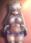 1girl artist_name ass_visible_through_thighs azur_lane bangs bare_shoulders belt black_choker blush breasts character_name cheerleader choker collarbone collared_shirt commentary_request cowboy_shot crop_top cygnet_(azur_lane) cygnet_(royal_fanfare)_(azur_lane) elbow_gloves eyebrows_visible_through_hair frown gloves groin hair_ornament hair_ribbon highres impossible_clothes impossible_shirt large_breasts lifted_by_self light_rays long_hair looking_at_viewer midriff miniskirt navel panties panty_peek pink_background purple_skirt red_eyes ribbon sawa_(sawaillust) shadow shirt sidelocks skirt skirt_lift sleeveless sleeveless_shirt solo sunbeam sunlight tears thigh-highs two_side_up underwear whistle whistle_around_neck white_belt white_gloves white_hair white_legwear white_panties white_shirt yellow_ribbon zettai_ryouiki 