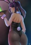  1girl alcohol animal_ears ass back bare_shoulders black_legwear black_leotard blush bunny_girl bunny_tail bunnysuit cigarette commentary_request finalcake high_ponytail holding holding_tray jill_stingray leotard looking_back purple_hair rabbit_ears sidelocks tail thighs tray va-11_hall-a violet_eyes wrist_cuffs 