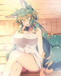  1girl animal_ear_fluff animal_ears bangs bare_shoulders breasts collarbone crossed_bangs crossed_legs dated eyebrows_visible_through_hair fang green_eyes green_hair hair_between_eyes kuromiya kuromiya_raika large_breasts long_hair looking_away multicolored_hair naked_towel open_mouth orange_hair original sitting solo steam tail thighs towel two-tone_hair wet 