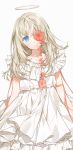  1girl arm_ribbon bangs blonde_hair blue_eyes dress flower halo harusame_sigu8 highres long_hair looking_at_viewer one_eye_covered original parted_lips pink_ribbon red_flower ribbon signature simple_background sleeveless sleeveless_dress solo upper_body white_background white_dress 