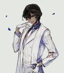  1boy arjuna_(fate/grand_order) black_hair collared_shirt dark_skin fate/grand_order fate_(series) gloves grey_background grey_neckwear grey_shirt hair_between_eyes jacket long_sleeves male_focus mo_(mocopo) necktie parted_lips scarf shirt simple_background smile solo upper_body white_gloves white_jacket white_scarf wing_collar 