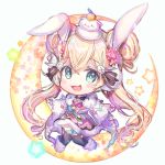  &gt;_&lt; 1girl :d animal_ears bangs black_legwear blonde_hair blue_eyes boots bunny_hair_ornament chibi crescent double_bun dress eyebrows_visible_through_hair flower full_body fur-trimmed_boots fur-trimmed_dress fur-trimmed_gloves fur_trim gloves hair_between_eyes hair_flower hair_ornament highres kagami_mochi long_sleeves looking_at_viewer low_twintails on_head open_mouth outstretched_arms pink_dress pink_flower rabbit_ears rukako shironeko_project smile solo spread_arms star thigh-highs tsukimi_(shironeko_project) twintails white_background white_footwear white_gloves wide_sleeves 