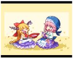  2girls animal_hat blonde_hair blue_shirt bow closed_eyes commentary_request cup gourd green_eyes hair_bow hat heart holding horn_ribbon horns ibuki_suika kumamoto_(bbtonhk2) letterboxed long_sleeves lowres multiple_girls okunoda_miyoi pink_hair pixel_art purple_skirt red_bow ribbon sakazuki shirt sitting skirt sleeveless sleeveless_shirt smile touhou whale_hat white_shirt wrist_cuffs yellow_background 