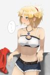  1girl absurdres artist_request bangs bare_arms bare_shoulders belt blonde_hair blush braid breasts brown_belt collarbone commentary_request eyebrows_visible_through_hair fate/grand_order fate_(series) fur_trim green_eyes highres jacket jacket_removed jewelry long_hair mordred_(fate) mordred_(fate)_(all) navel necklace ponytail red_jacket red_scrunchie scrunchie short_shorts shorts smile solo 