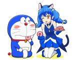  1girl :3 animal_ears bare_shoulders blue_cat blue_gloves braid cat_ears cat_tail commentary_request doraemon doraemon_(character) doughnut elbow_gloves food gloves indian_style kneeling long_hair one_eye_closed precure red_eyes sitting star_twinkle_precure tail thigh-highs trait_connection twin_braids ueyama_michirou yuni_(precure) zettai_ryouiki 