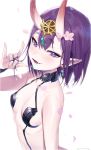  1girl bangs bare_shoulders blush bob_cut breasts collarbone earrings eyeliner fang fate/grand_order fate_(series) flower freng hair_flower hair_ornament headpiece holding holding_hair horns jewelry looking_at_viewer makeup oni oni_horns open_mouth petals pointy_ears purple_hair revealing_clothes short_eyebrows short_hair shuten_douji_(fate/grand_order) simple_background skin-covered_horns small_breasts smile solo violet_eyes white_background 