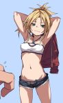  1girl :3 aqua_eyes armpits arms_behind_head arms_up bandeau bare_shoulders blonde_hair breasts cowboy_shot cutoffs denim denim_shorts fate/grand_order fate_(series) fu-ta groin jacket jacket_removed jewelry long_hair looking_at_viewer midriff mordred_(fate) mordred_(fate)_(all) navel necklace open_fly panties ponytail red_jacket short_shorts shorts small_breasts smile solo stomach striped striped_panties thighs underwear 