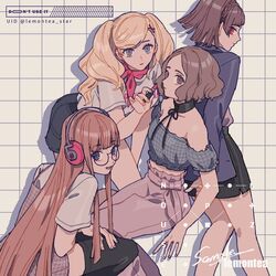  4girls artist_name bangs bare_shoulders black_legwear blonde_hair blue_eyes blunt_bangs braid brown_eyes brown_hair choker eyebrows_visible_through_hair feet_out_of_frame glasses grey_eyes grid_background hair_ornament hairclip headphones highres leaning_forward lemontea lipstick long_hair looking_at_viewer makeup midriff multiple_girls niijima_makoto okumura_haru open_mouth persona persona_5 red_eyes sakura_futaba sample shadow short_hair smile takamaki_anne thigh-highs twitter_username 