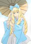  absurdres big_hair blonde_hair blue_bow blue_eyes blue_kimono bow dianna_soreil drill_hair gundam highres holding holding_umbrella japanese_clothes kimono smile tokiani turn_a_gundam umbrella 