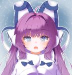  +_+ 1girl absurdres ahoge azur_lane bangs blue_bow blue_eyes blush bow coat commentary_request eyebrows_visible_through_hair fur-trimmed_coat fur-trimmed_sleeves fur_trim hair_intakes hands_up highres long_hair long_sleeves looking_at_viewer open_mouth outline poppypilf purple_hair sidelocks sleeves_past_fingers sleeves_past_wrists solo tashkent_(azur_lane) upper_body white_coat white_outline 