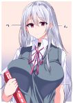  1girl absurdres alternate_costume azur_lane book character_request collar eyebrows_visible_through_hair gradient gradient_background hair_between_eyes highres himiya_ramune holding holding_book mole mole_under_eye neck_ribbon ribbon school_uniform shirt short_sleeves silver_hair solo vest violet_eyes white_shirt 